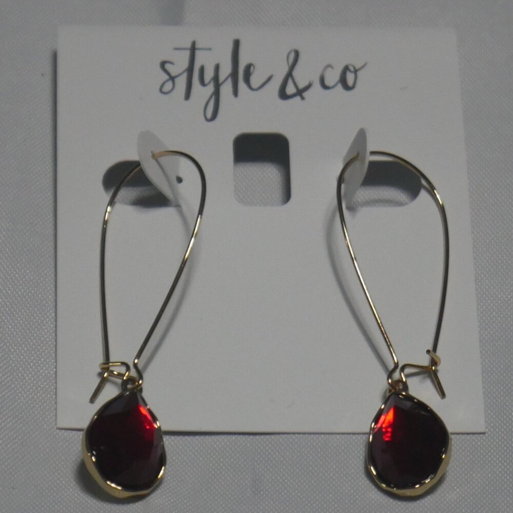 NEW Style & Co Red Crystal Teardrop Dangle Earrings Gold-Tone Hook NWT